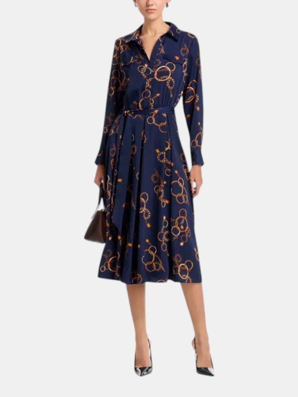 T TAHARI GOLDEN BRACELET PRINT MIDI SHIRT DRESS BELTED NWOT SIZE M
